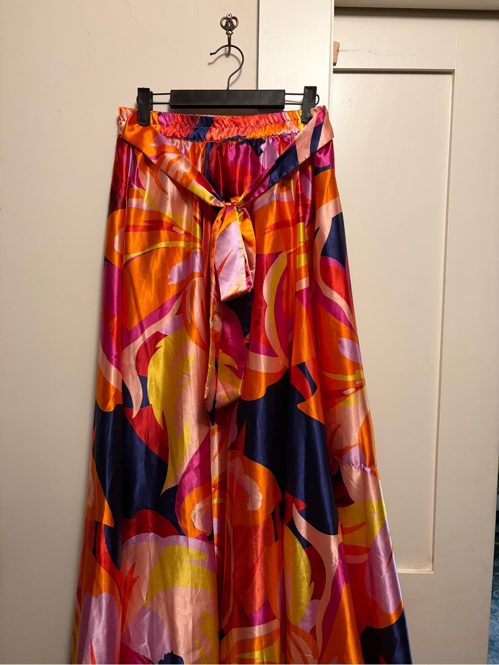 Vintage Bold Satin Maxi Skirt with Self-Tie Waist